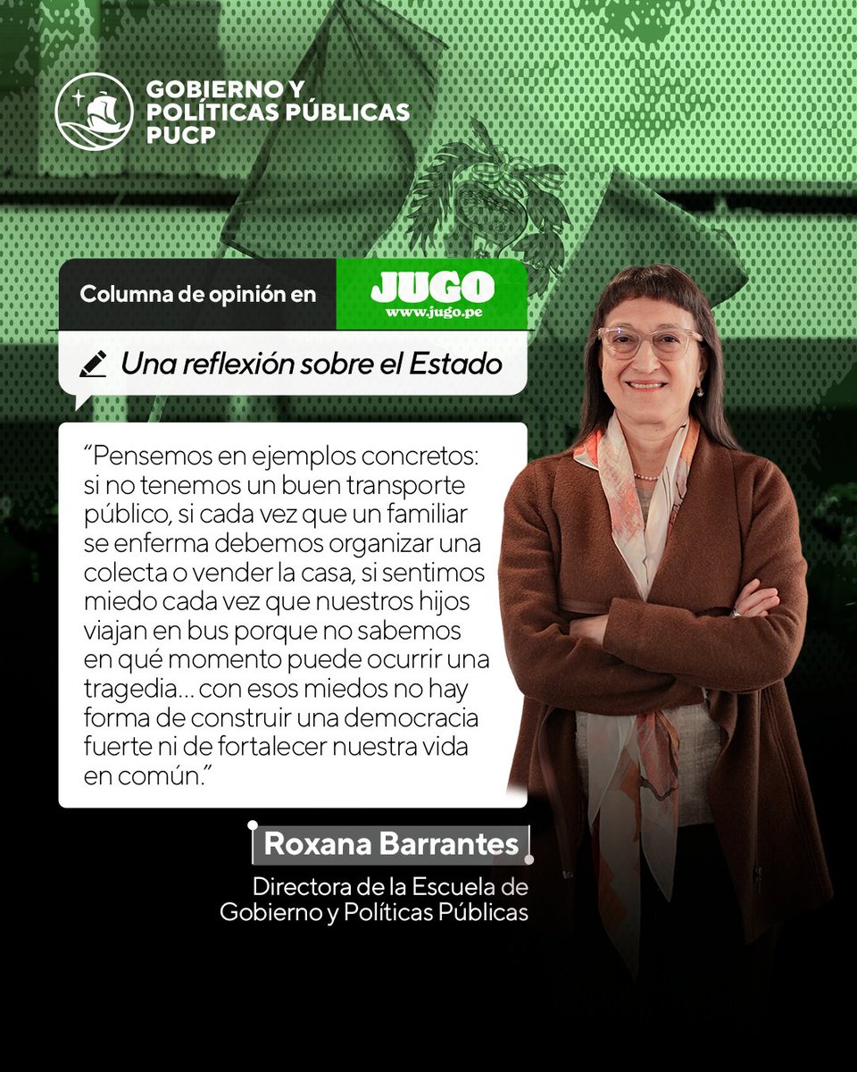Escuela de Gobierno PUCP (@egobiernopucp) on Twitter photo La directora de la EGPP, <a href="/RoxaBarrantes/">Roxana Barrantes</a>, reflexiona sobre el rol del Estado y la importancia de instituciones que den confianza y dignidad a las personas.
Lee el artículo aquí 👉 bit.ly/46OQOFY La directora de la EGPP, <a href="/RoxaBarrantes/">Roxana Barrantes</a>, reflexiona sobre el rol del Estado y la importancia de instituciones que den confianza y dignidad a las personas.
Lee el artículo aquí 👉 bit.ly/46OQOFY
