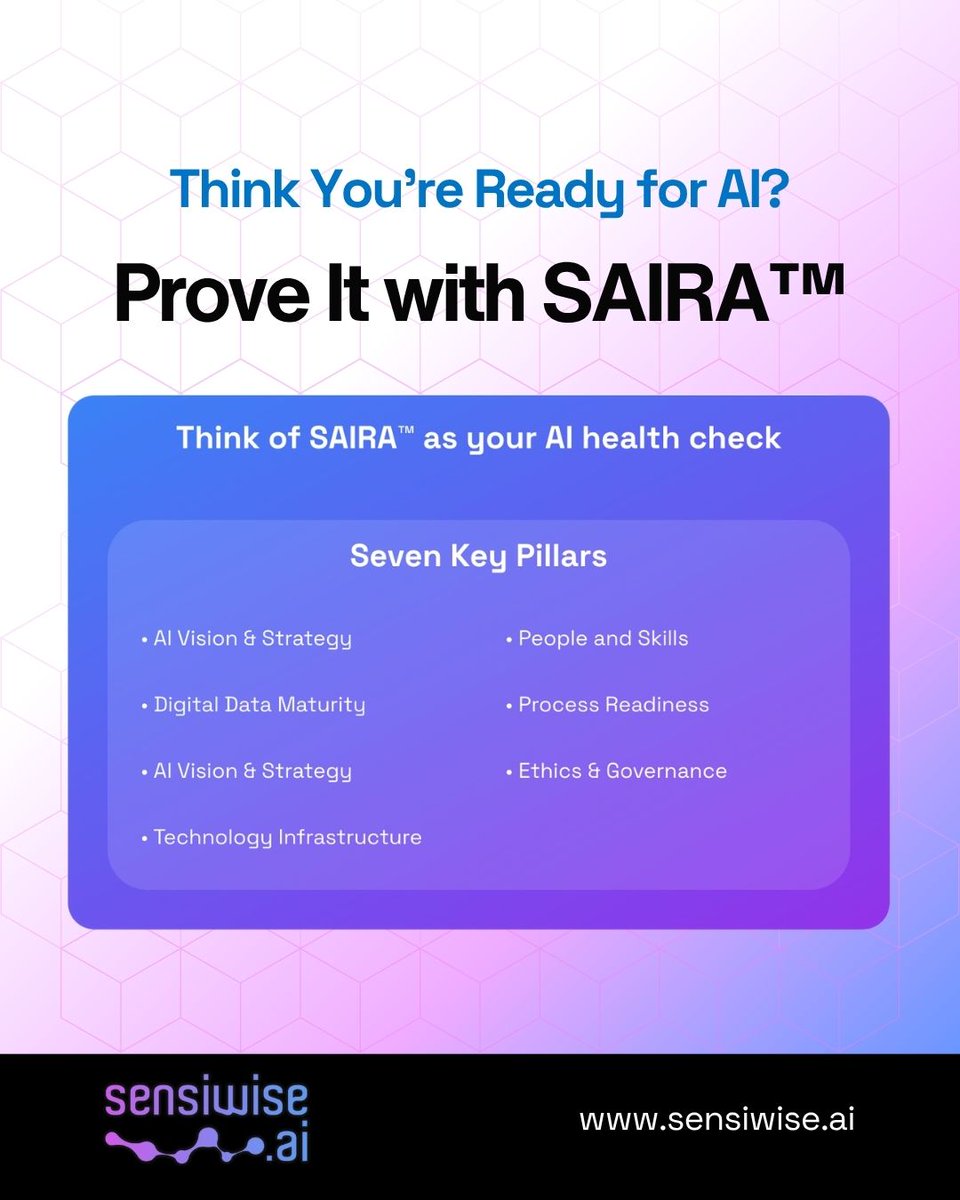 Is your business actually AI ready, or just hoping so? SAIRA™ from <a href="/SensiwiseAI/">Sensiwise.ai</a> checks culture, data, tech, and skills, so you lead with confidence, not guesswork. 
Score your readiness in 5 minutes: sensiwise.ai/saira #AIReadiness #SensiwiseAI