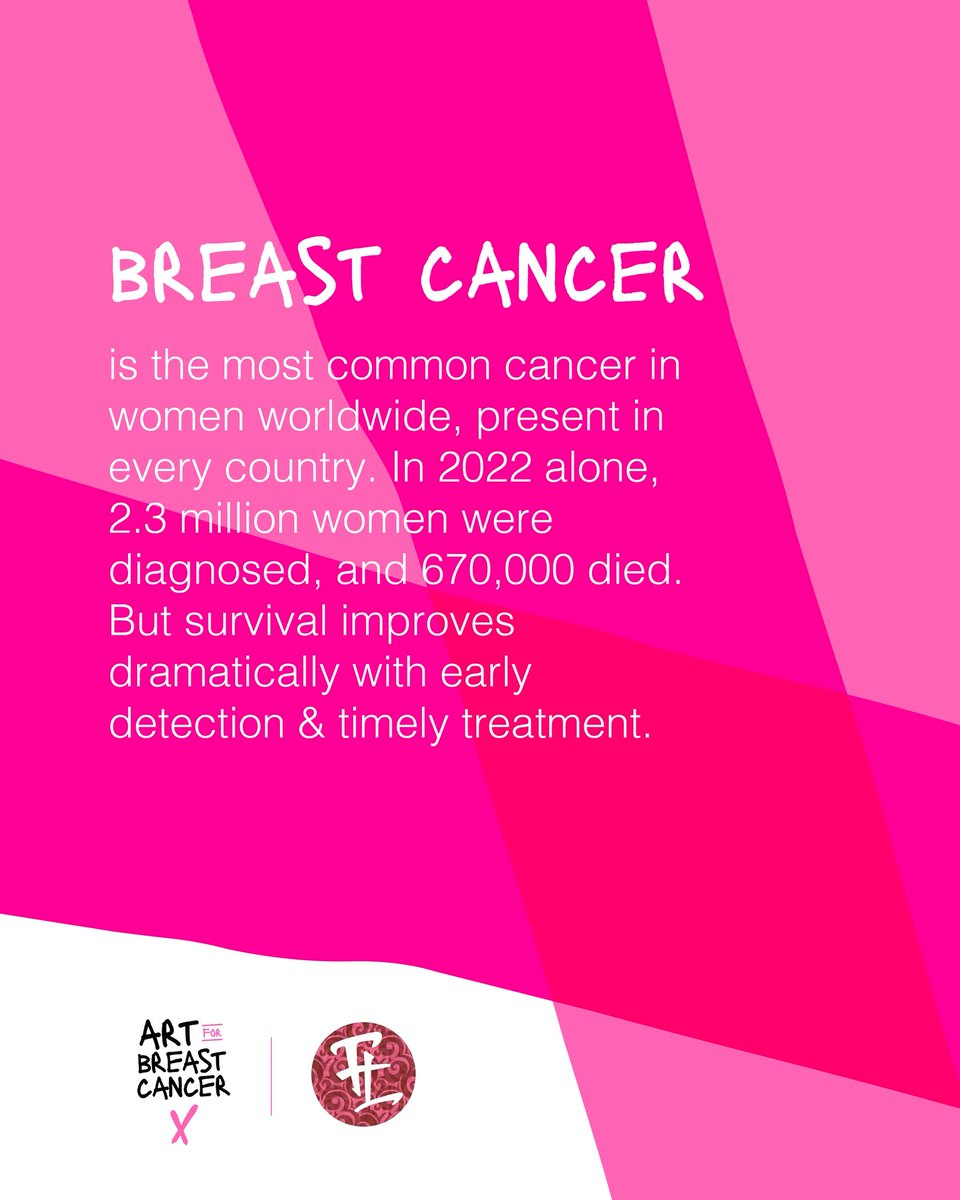 Breast cancer is the most common cancer affecting women worldwide. In 2022 alone, 2.3 million women were diagnosed and 670,000 lost their lives. 

Early detection and timely treatment saves lives. 
Join us this October

#ArtForBreastCancer #BreastCancerAwareness #OctoberPink #ABC