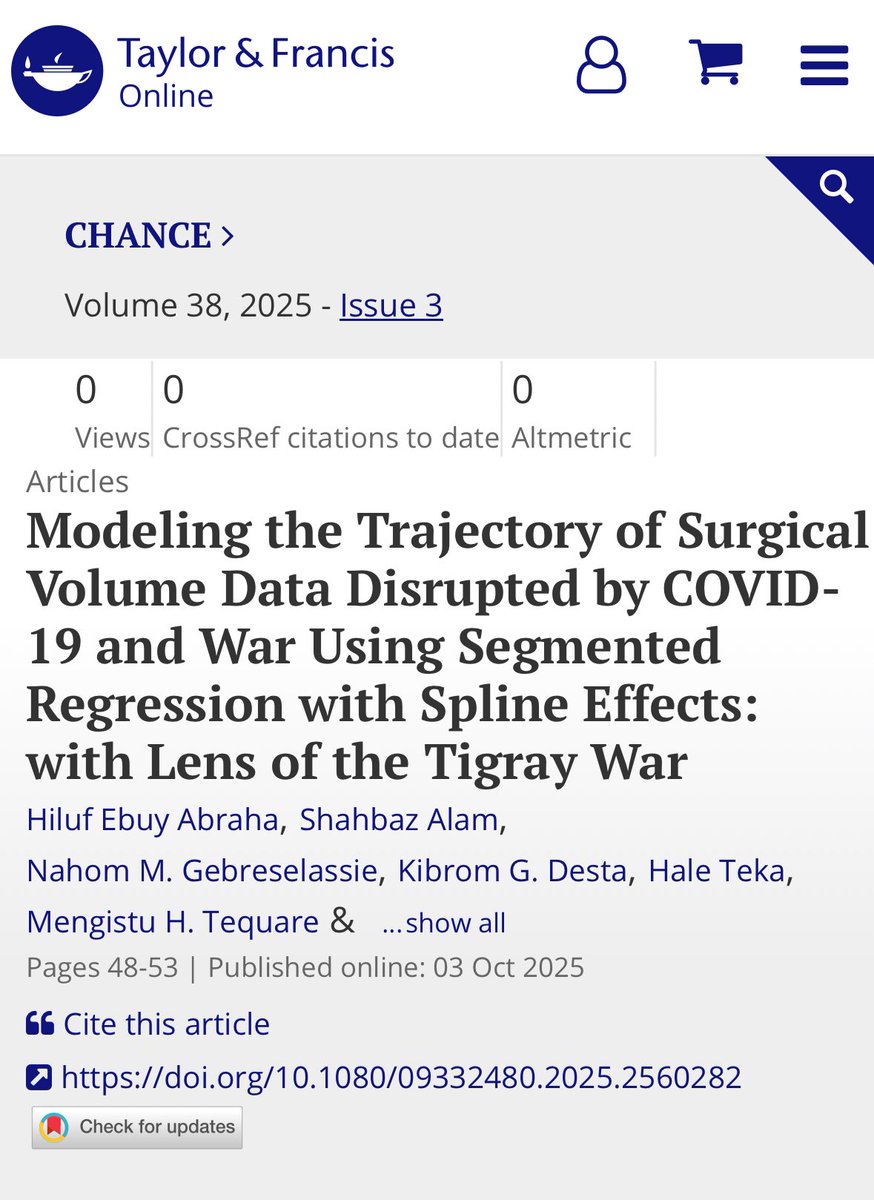 ProfMulugeta's tweet photo. New Publication Alert!
#GlobalHealth
#TigrayWar
#SurgicalVolume
#FatherSon
#InternationalCollaboration
Ebuy Abraha, H., Alam, S., Gebreselassie, N. M., Desta, K. G., Teka, H., Tequare, M. H., & Gebregziabher, M. (2025). Modeling the Trajectory of Surgical Volume Data Disrupted by COVID-19 and War Using Segmented Regression with Spline Effects: with Lens of the Tigray War. CHANCE, 38(3), 48–53.
@MUSC_CGH @MUSC_COM @musc_cgs @ayder_hospital @addisstandard @HPN4Tigray @mukeshkapila @PublicHealth @ih_section @AmstatNews
https://t.co/wHP1tsmvqK