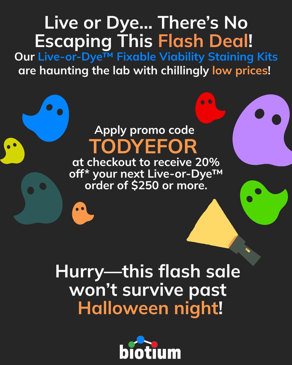 biotium's tweet image. Our Live-or-Dye™ October Sale is on! Apply promo code TODYEFOR at checkout to get 20% off your next Live-or-Dye™ order of $250 or more.
*T&C Apply
Shop: biotium.info/48e9ktU
#labsale #cellviability #labhelp #sciencesale #microscopy #flowcytometry #deadcells #lablife