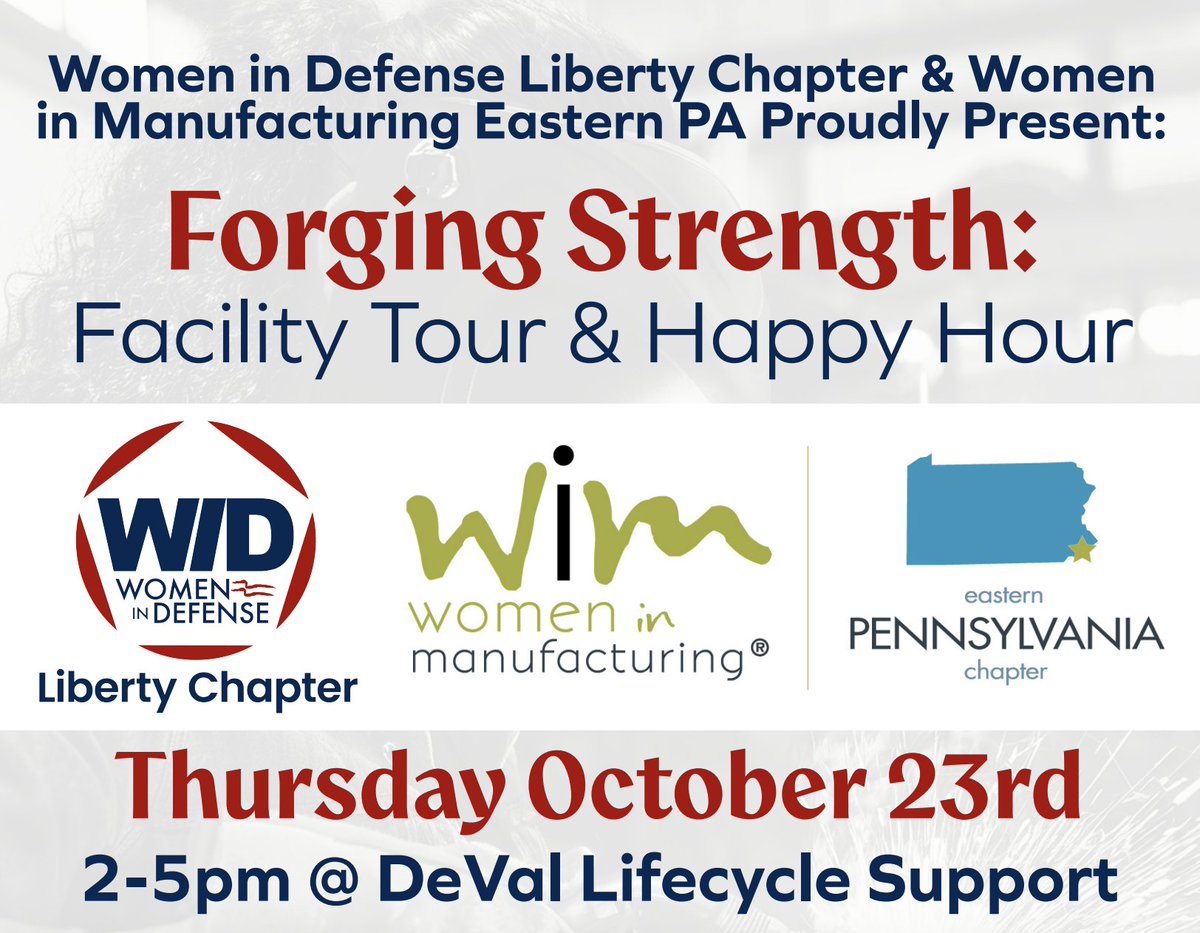 Join Women in Defense Liberty Chapter (WID LIB) &amp; Women in Manufacturing (WiM) Eastern PA on Oct. 23 in Philadelphia to enjoy a tour of DeVal Lifecycle’s state of the art manufacturing facility, network with colleagues &amp; industry professional! Register at bit.ly/4nrTY9P