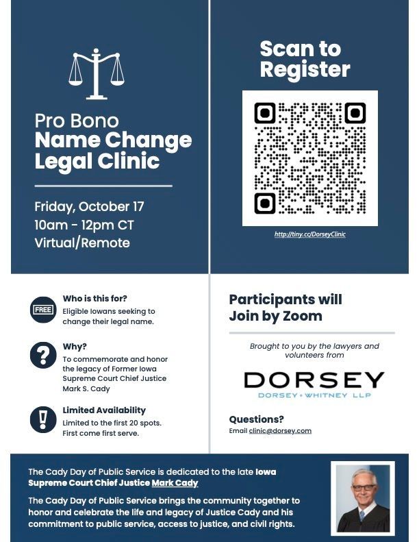 Our friends at Dorsey &amp; Whitney are hosting a Virtual Pro Bono Name Change Legal Clinic on Friday, October 17th! Find all the information you need to get signed up below ⬇️