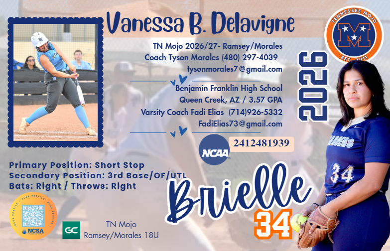 BriDelavigne34's tweet photo. I am an #uncommitted2026 player. Excited to play this weekend in the #pgf #QueenofDiamonds tournament! I am a power hitter and play shortstop, corners, and utility. Thank you Coach for your time! #newteam #samegoal #TNMojoAZ #uncommittedsoftball https://t.co/t6M4V5FUQ4