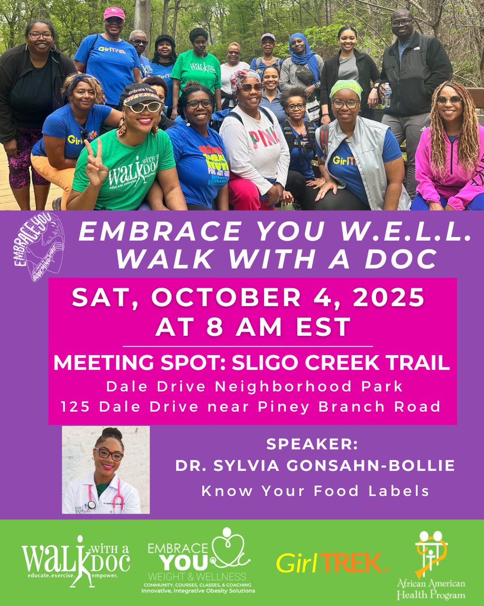 We’re back this Saturday, 10/4 at 8 am EST for another Embrace You W.E.L.L. Walk in collaboration with <a href="/walkwithadoc/">Walk with a Doc</a>, @girltrek, and the African American Health Program. Bring your favorite food item, we’ll ‘walk’ through the food label together!

Register:bit.ly/4eyczNS
