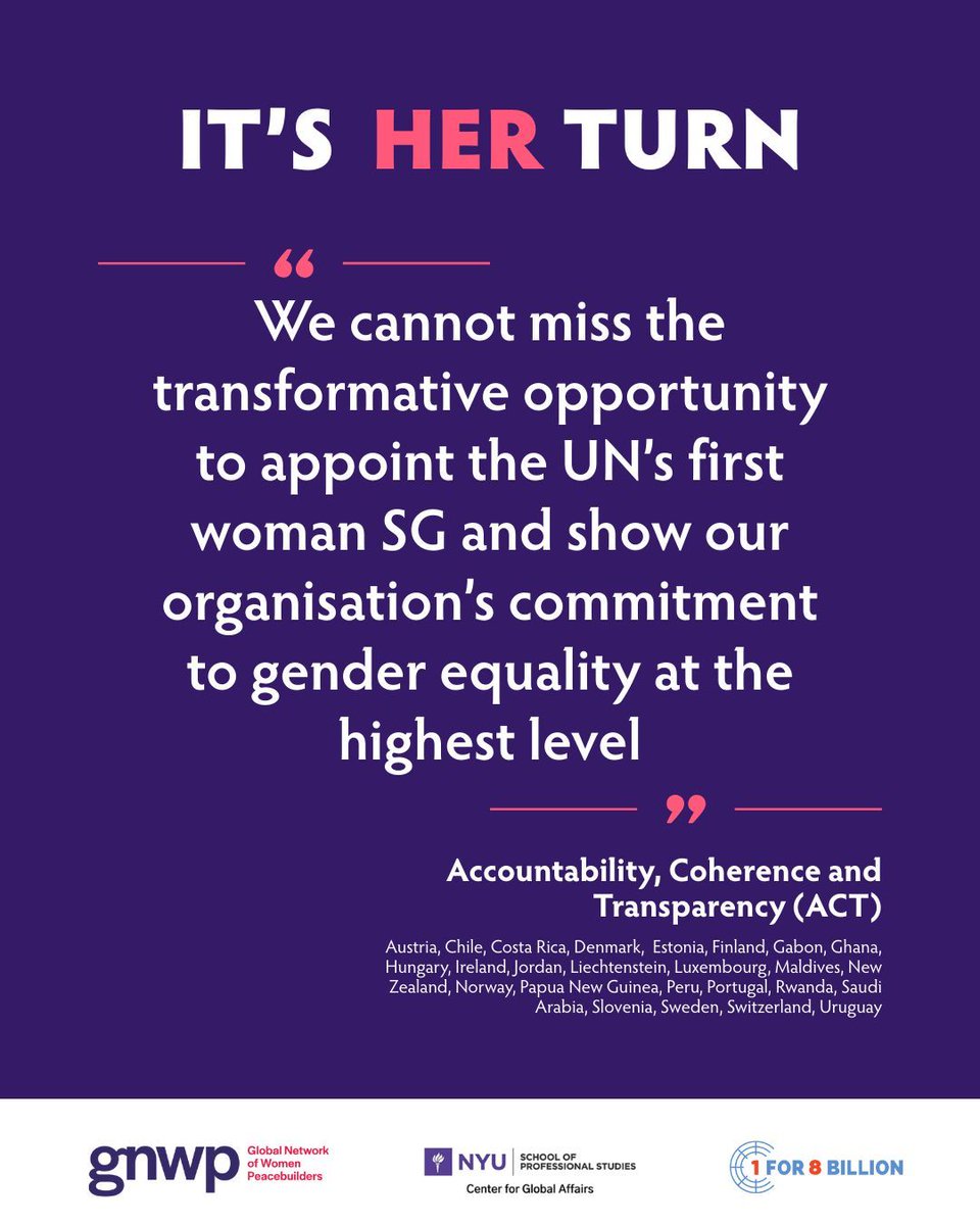 gnwp_gnwp's tweet image. 💬 “We cannot miss the opportunity to appoint the UN’s first woman SG” –ACT
💬 “There has yet to be a woman SG since the UN’s founding” –🇸🇬
💬 “Women have to be at the center of all decision-making” –Africa Group
The world is calling: #ItsHerTurn 💜
🔗 gnwp.org/next-un-sg-fem…