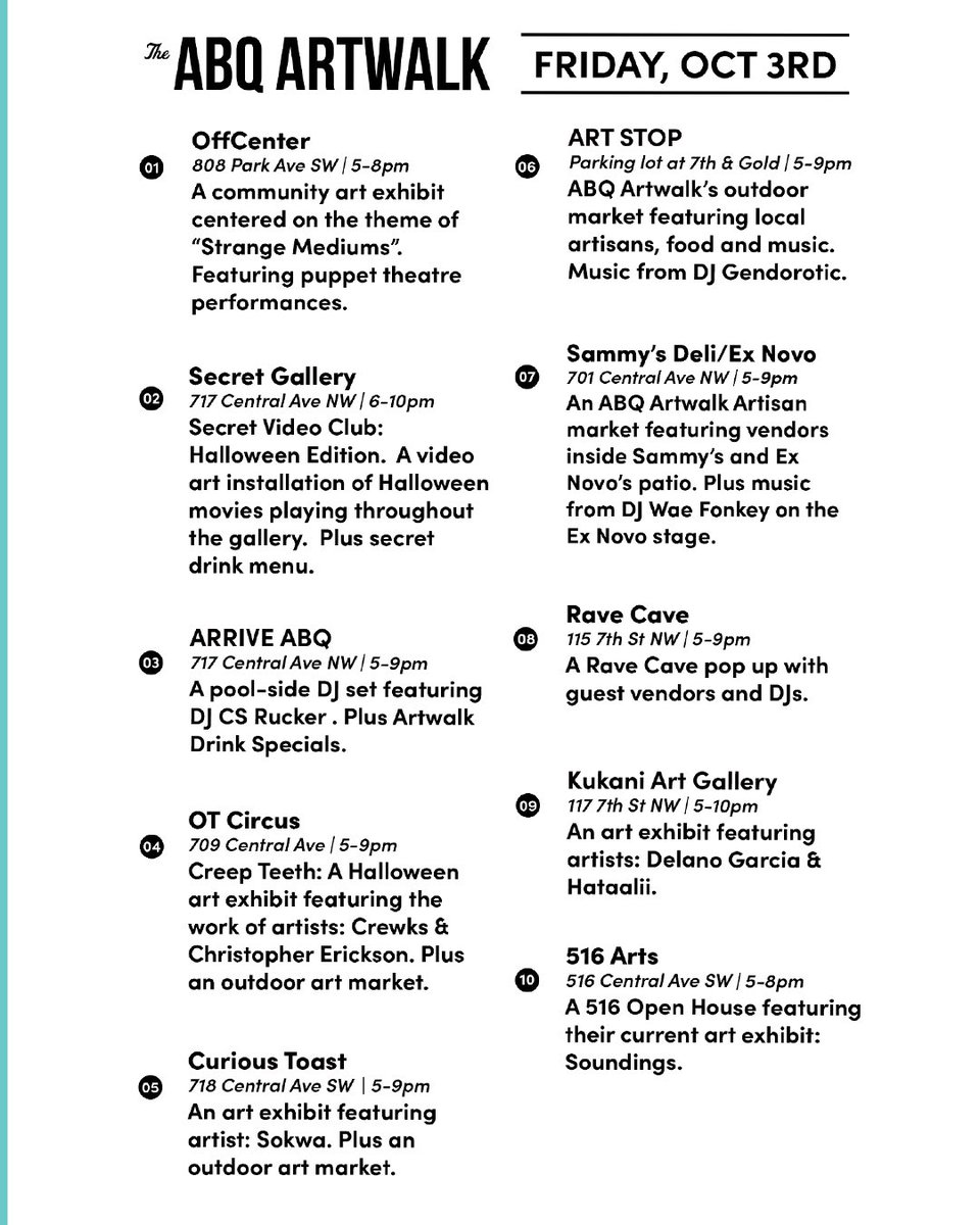 ABQartwalk's tweet photo. TONIGHT is ABQ Artwalk 5-9pm 🎃 Grab the Kate Samuels Map Edition at participating venues or online to see all of tonight’s events &amp; featured artists 🍭 In costume or not, we will love to see you out tonight for ABQ Artwalk Oct 3rd!

https://t.co/IBYHL69RHK https://t.co/PWAIucLyQf