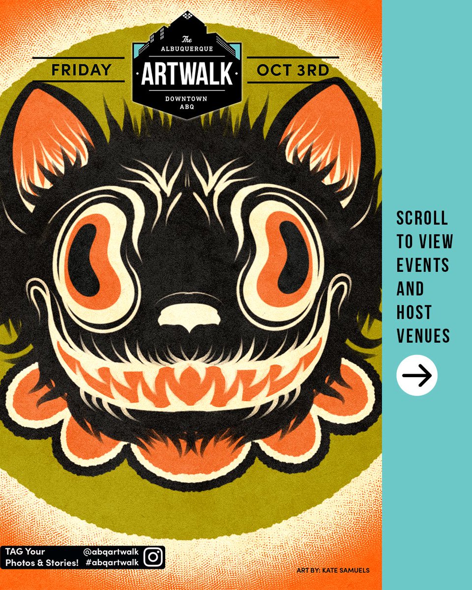 ABQartwalk's tweet photo. TONIGHT is ABQ Artwalk 5-9pm 🎃 Grab the Kate Samuels Map Edition at participating venues or online to see all of tonight’s events &amp; featured artists 🍭 In costume or not, we will love to see you out tonight for ABQ Artwalk Oct 3rd!

https://t.co/IBYHL69RHK https://t.co/PWAIucLyQf