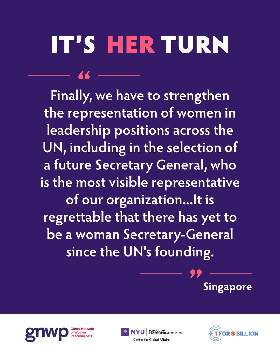 gnwp_gnwp's tweet image. 💬 “We cannot miss the opportunity to appoint the UN’s first woman SG” –ACT
💬 “There has yet to be a woman SG since the UN’s founding” –🇸🇬
💬 “Women have to be at the center of all decision-making” –Africa Group
The world is calling: #ItsHerTurn 💜
🔗 gnwp.org/next-un-sg-fem…