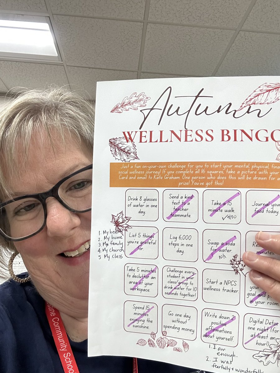 MrsGrahamSCE's tweet photo. SCE Staff played Autumn Wellness Bingo this week! So much fun to spark some healthy habits before Fall Break! 😊🍎🤸 

@JKehrt_SCE @NewPalCS 
#newpalproud https://t.co/eCLW6gJqLH