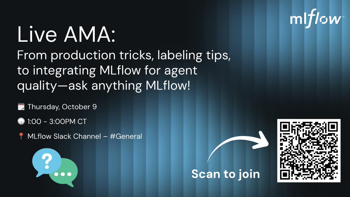 MLflow's tweet image. Ready to dive into #MLflow? 🚀
Join our text-based LIVE AMA with Danny Chiao and Daniel Liden after Danny's @MLOpsWorld lightning talk!
🗓️ Oct 9 | 1–3pm CT
📍MLflow Slack | #General channel
🔗 RSVP: luma.com/liveama-slack1…
Bring your questions on agent trace analysis,…