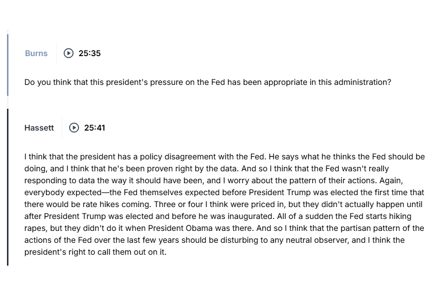 NickTimiraos's tweet image. In this Politico interview, White House NEC Director Kevin Hassett defends Fed independence (&quot;indisputably important&quot;) ... but justifies Trump&apos;s challenge to Fed independence by saying that the Fed—not Trump—has been the partisan actor.

That&apos;s quite a charge from someone who is…