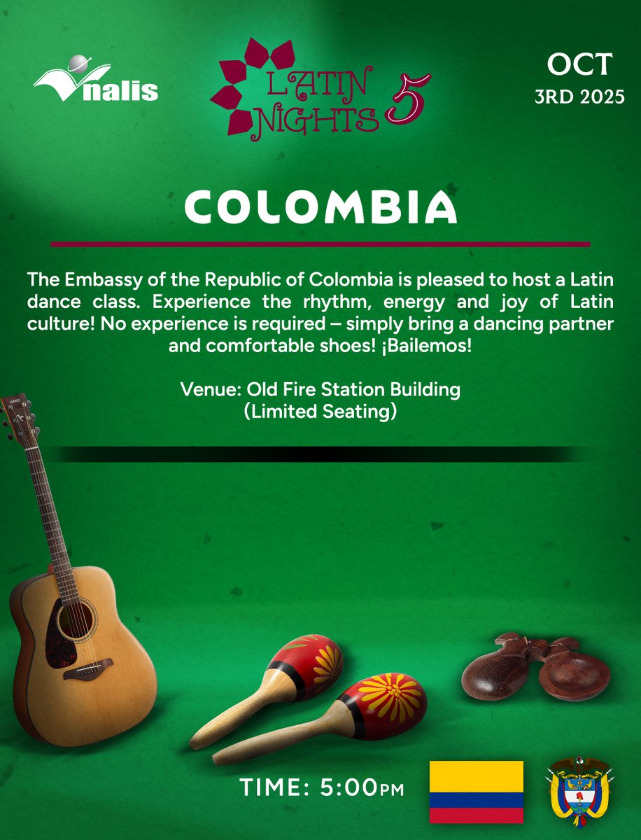 Join the Embassy of Colombia tonight, Friday 3rd October, at 5:00 p.m. for a lively Latin Dance Class at the Old Fire Station, National Library of Trinidad and Tobago.  Come ready to move, learn, and feel the vibrant energy of Colombian dance and culture. Don’t miss out.