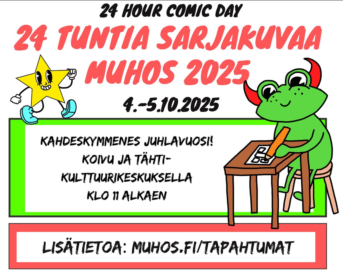 Esaholle's tweet photo. Reilu vuorokausi ja aloitamme Muhoksella #sarjakuva’maratonin. Samassa tilassa Sami ja Laura Mustosen ”Kumivene”-näyttely sekä auditoriossa ”Naapurini Totoro” sekä dubattuna että tekstitettynä #24HCD https://t.co/8sClA3Rinu
