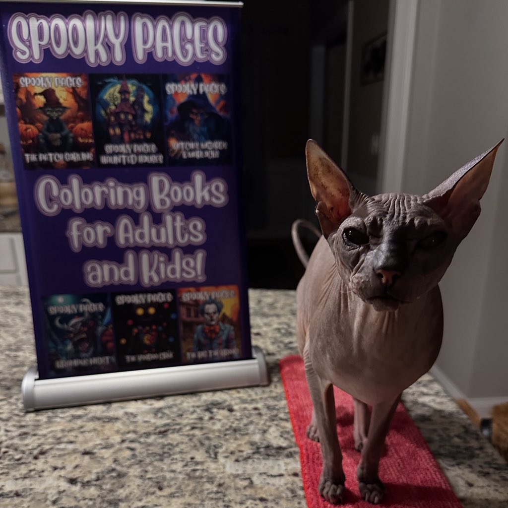dustinpari's tweet photo. My girl #RaisinTheSphynxCat wants you to check out my #SpookyPages coloring books that I designed for adults and kids to enjoy! https://t.co/bGDv2q5Smi https://t.co/QbYkY3eEU9