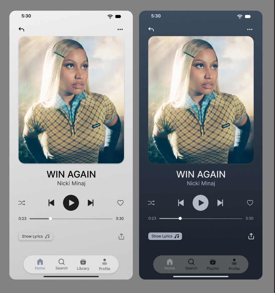 ell_missy01's tweet image. The dark mode is my favorite, that’s why I made a little adjustment by removing the bottom navigation bar. 
What do you think? 
This is a simple music player design.