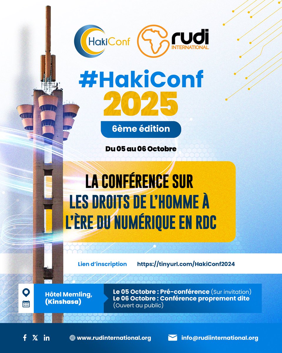 arsenebaguma's tweet photo. #HakiConf2025 c’est dans un peu plus de 30 jours maintenant, à #Kinshasa pour la 2e fois consécutive ! 

Notez: c’est la 6e édition de la « Conférence sur les droits de l’homme à l’ère du numérique en RDC », mieux connue comme #HakiConf!

Détails :👇🏿👇🏿 https://t.co/5DS50CWAIc
