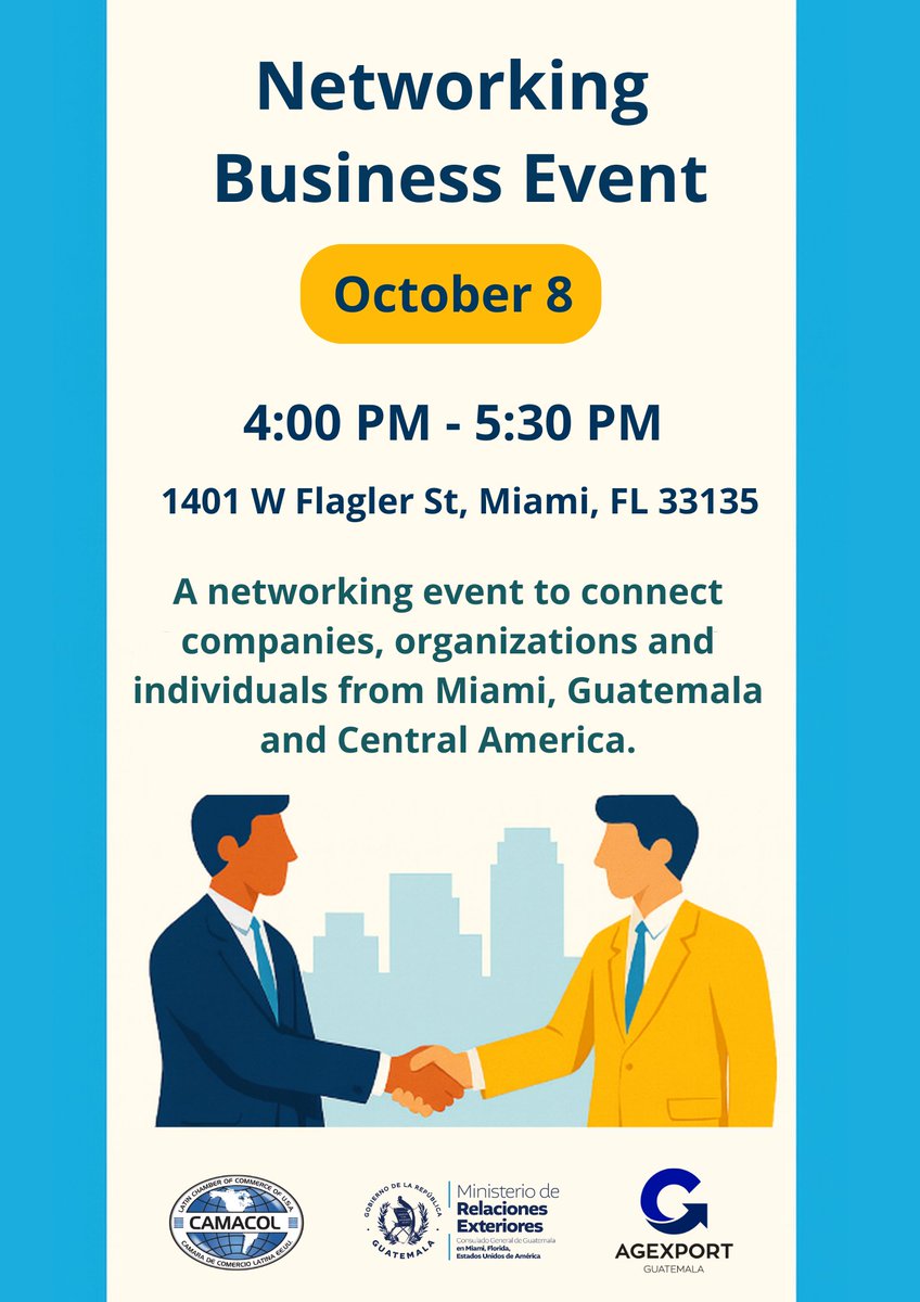 🤝 Join us for a Networking Business Event designed to build bridges between Miami and Central America.
📅 Date: October 8
🕓 Time: 4:00 PM – 5:30 PM
📍 Location: 1401 W Flagler St, Miami, FL 33135
👉 Register here: docs.google.com/forms/d/e/1FAI…