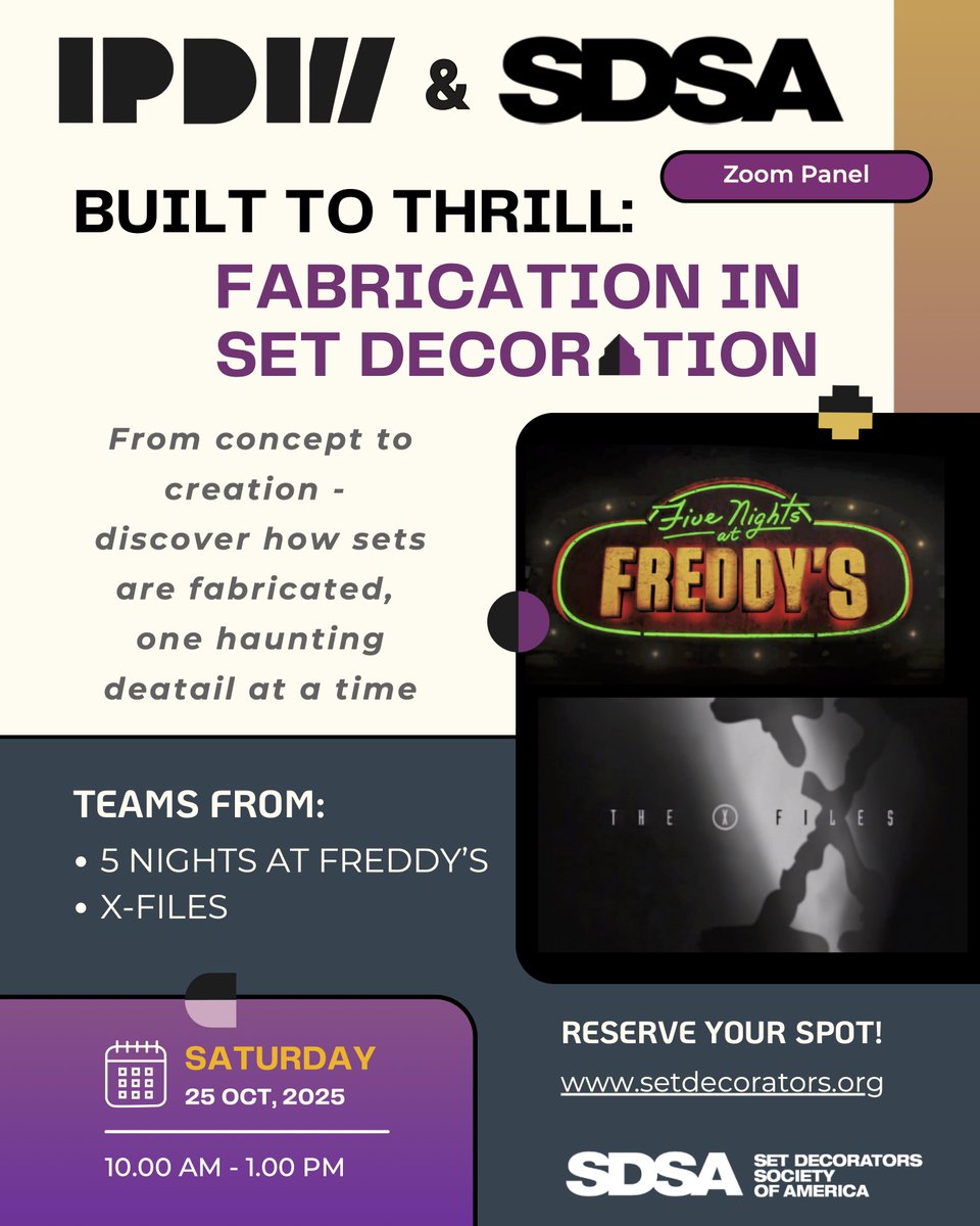 BUILT TO THRILL: FABRICATION IN SET DECORATION
RSVP Here: shorturl.at/AJ341
Ever wondered how your favorite television shows and films custom build their environments? Join us in exploring the artistry and technical mastery behind fabrication in set decoration. This panel