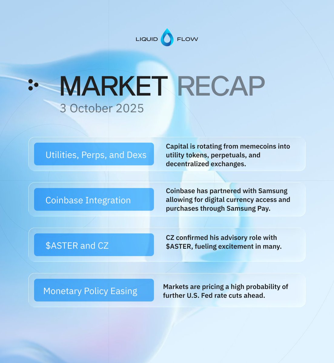 With growing institutional adoption and monetary policy easing imminent, Q4 is shaping up to be a pivotal inflection point.

LiquidFlow is paying close attention to the flow of liquidity over the next few months and properly allocating capital.