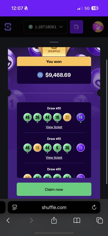 <a href="/shufflecom/">Shuffle.com</a> Weekly Draw #51 

- 1,231,650 $SHFL staked
- 24,633 tickets 
🏆 My winnings: $9,468

Lifetime profit: $90,332