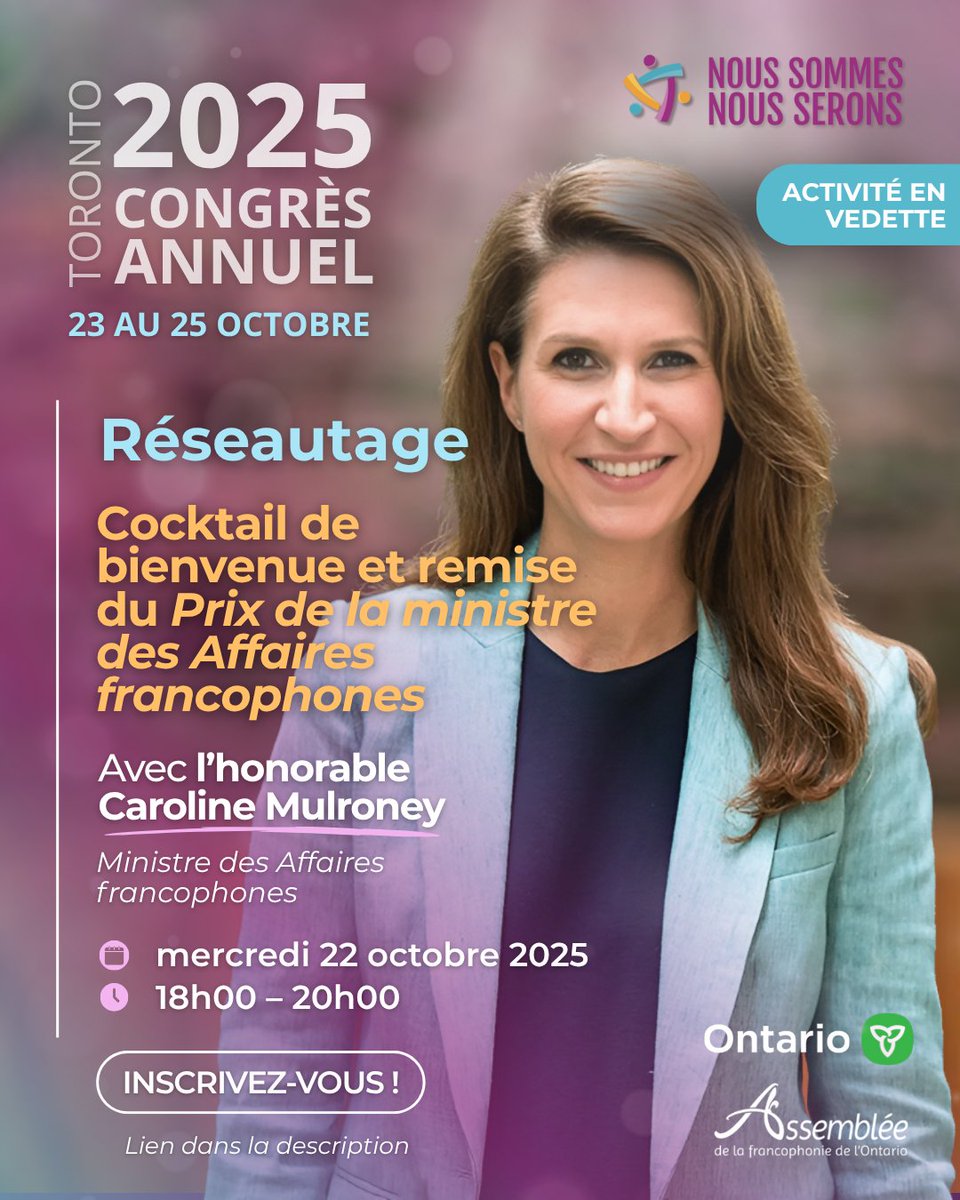 ✨ ACTIVITÉ EN VEDETTE du #CongrèsAFO2025

En ouverture de notre Congrès annuel, l’AFO a l’immense privilège de recevoir l’honorable Caroline Mulroney (<a href="/C_Mulroney/">Caroline Mulroney</a>), Ministre des Affaires francophones et Présidente du Conseil du Trésor, lors d’une soirée cocktail et réseautage.