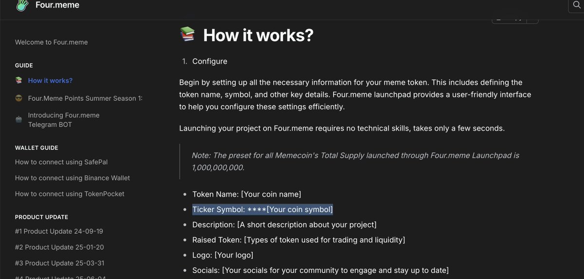 fourmeme在文档里给出了我们应该怎么创建代币的案例！
名字明确给出了：Your coin name
Ticker Symbol: Your coin symbol