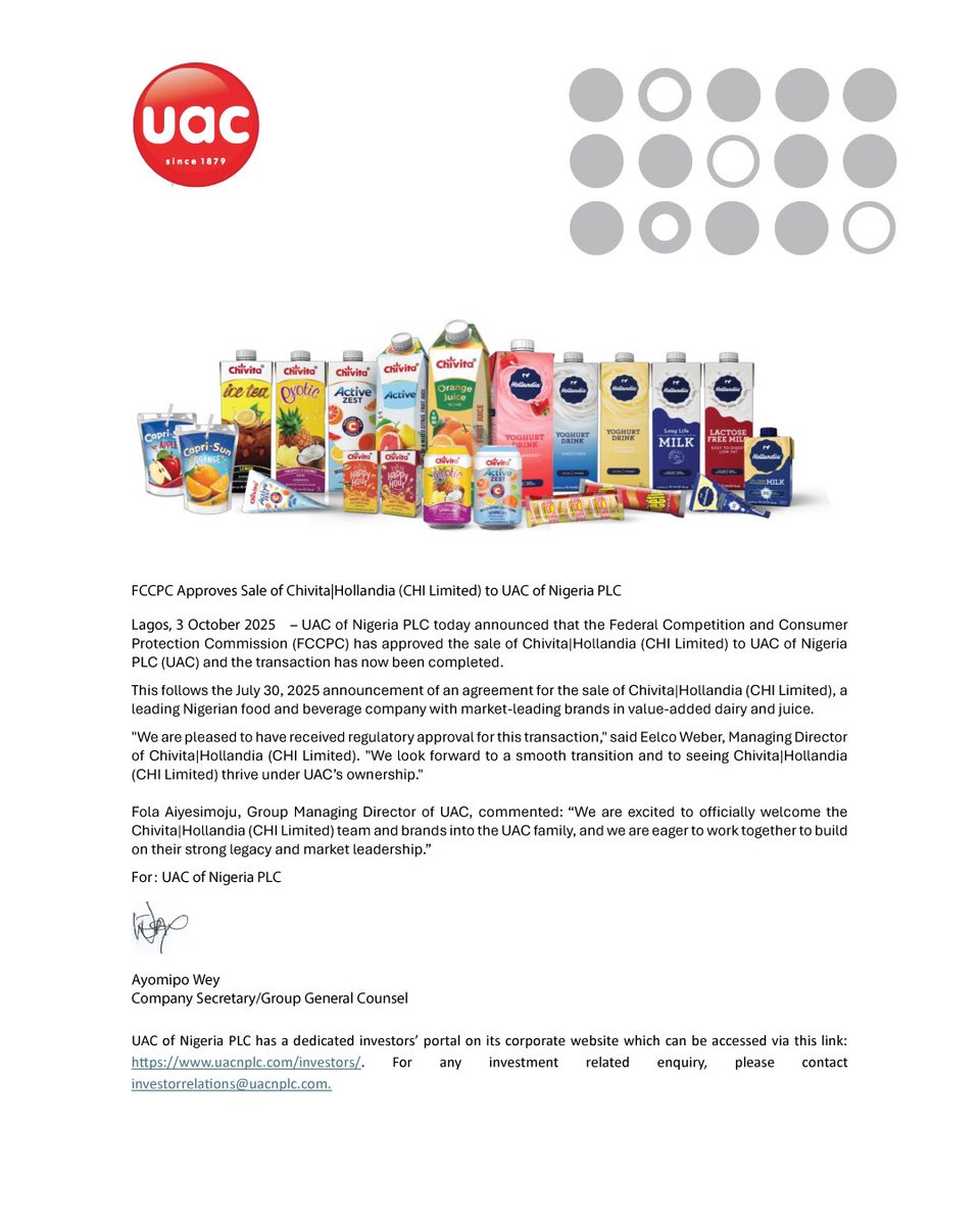 Transaction Completed: FCCPC Approves Sale of Chivita|Hollandia (CHI Limited) to UAC of Nigeria PLC. 

#uacnplcofficial #chivitahollandia