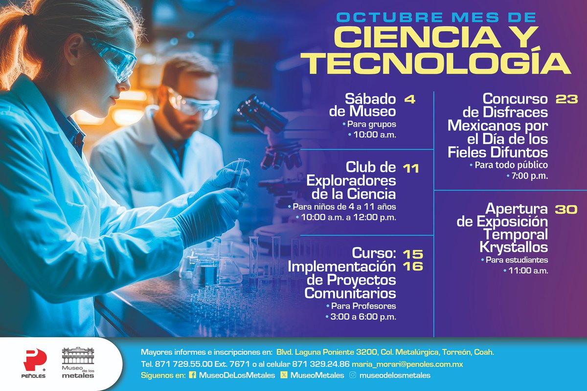 El Museo de los Metales te invita a vivir octubre con una cartelera llena de ciencia y tecnología. 

✨ Ven y sé parte de una experiencia donde la curiosidad y la innovación se encuentran. 🚀

#MuseoDeLosMetale #Cartelera #CienciaYTecnología
