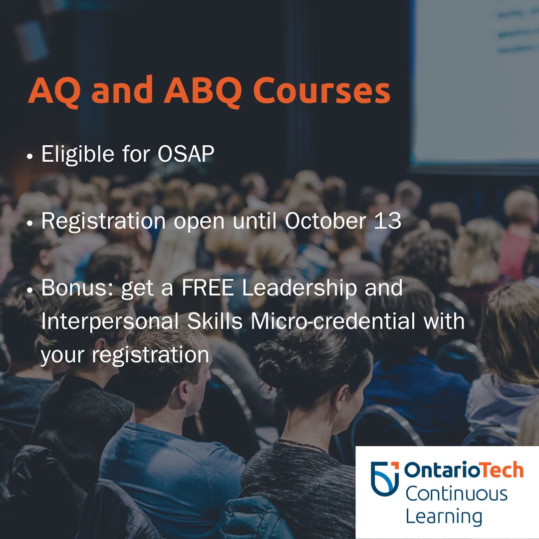 OT_Learn's tweet image. 🎓 Boost your teaching career with Ontario Tech’s AQ &amp;amp; ABQ courses!
📅 Register by Oct 13 | Fall Term: Oct 20–Dec 5
🎁 FREE Leadership micro-credential + OSAP eligible!

Register today: vist.ly/498b6

#OntarioTechU #AQCourses #ABQCourses #OSAPEligible #TeacherLife