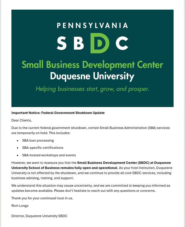 Important Notice: Federal Government Shutdown Update

Dear Clients,
Due to the current federal govt shutdown, certain Small Business Administration (SBA) services are temporarily on hold. 

We understand this situation may cause uncertainty, and we are committed to keeping ...