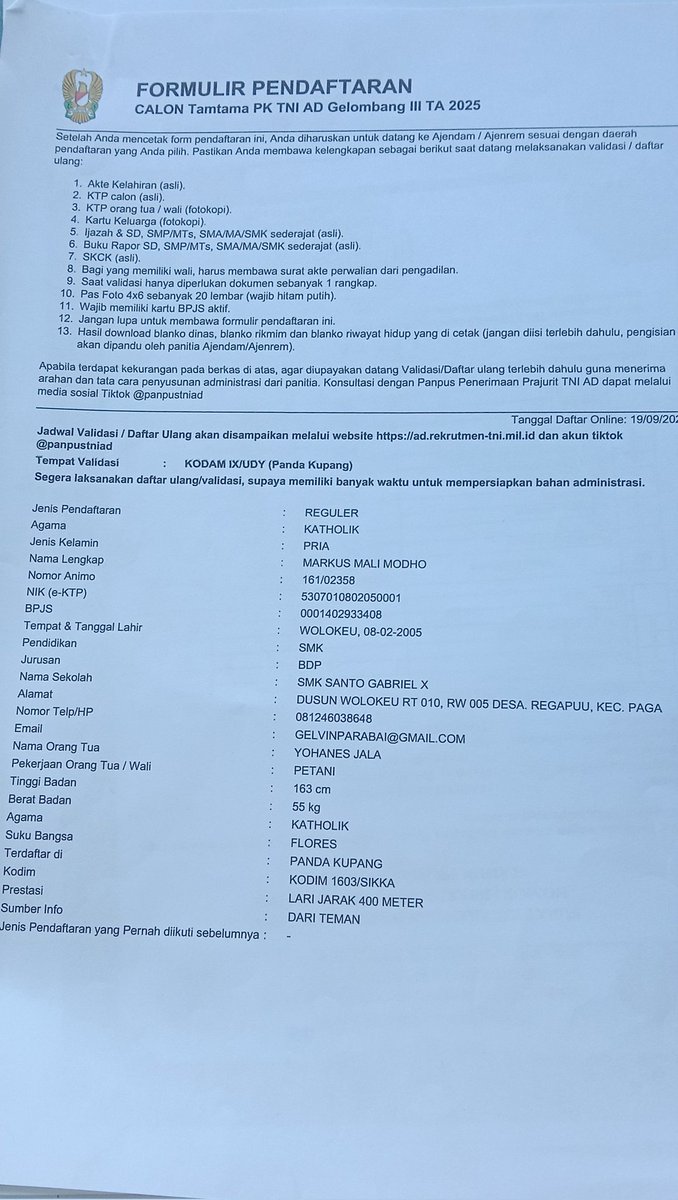vinsen_moni's tweet photo. Seorang anak petani,punya cita2 dan niat menjadi prajurit TNI,dan skr ikut tes tamtama wilayah NTT.Semoga berhasil.Harapan tes bersih dan jujur,tanpa neko,atau sogokan. @prabowo @gibran_tweet #panglimaTNI #testamtamajujurdanmurni #bravoTNI https://t.co/wxcCdzXpb9