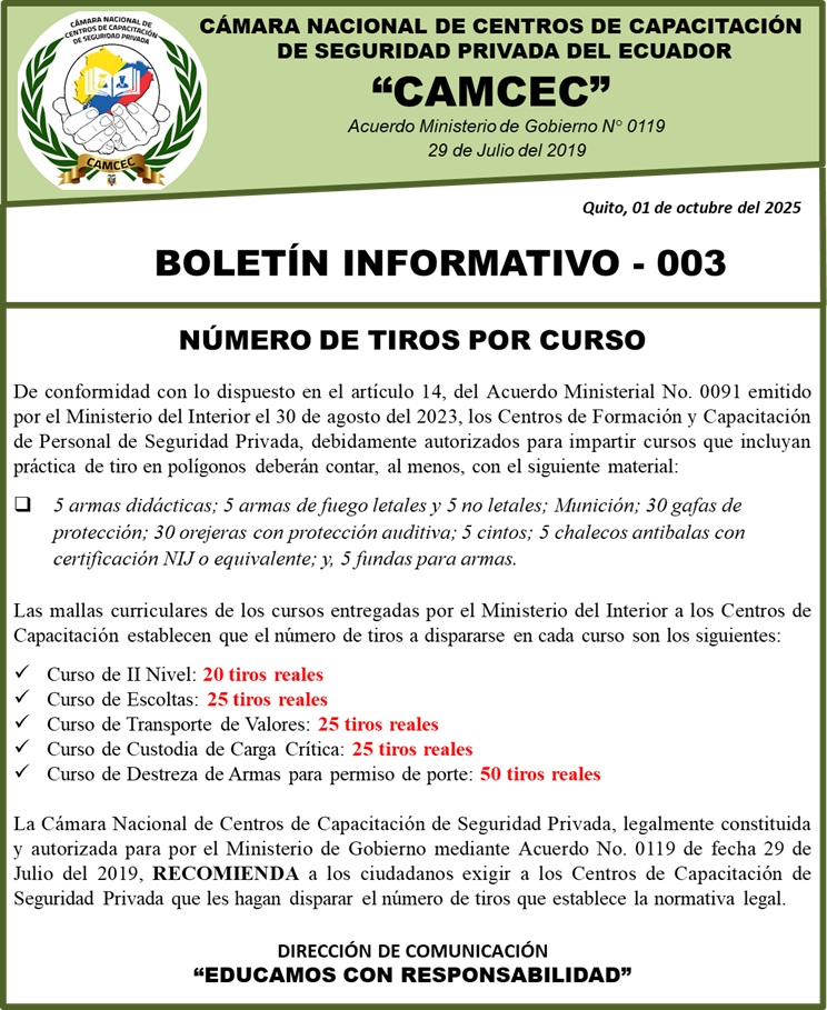 Boletín Informativo 003:
Números de Tiro por Curso que establece la malla curricular entregado por el Ministerio del Interior a los Centros de Capacitación de Personal de Seguridad Privada. Acuerdo Ministerial No. 0091 del 30 de agosto del 2023.