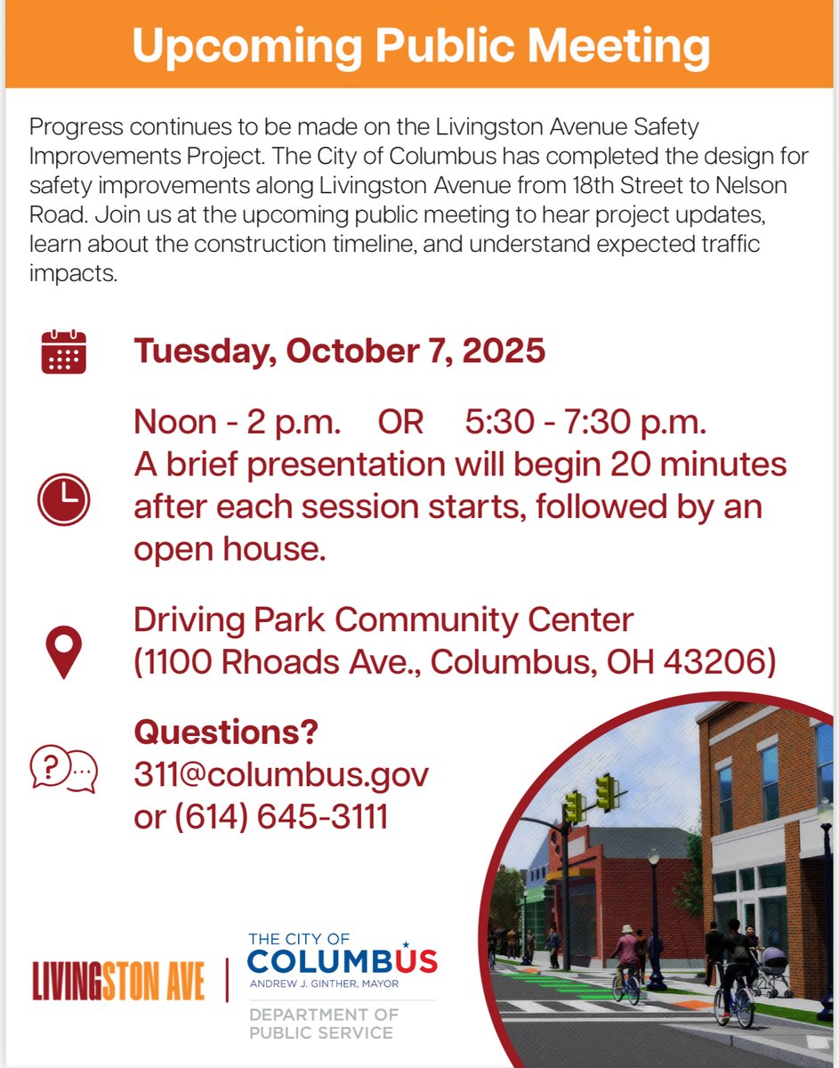 🚧Upcoming Public Meeting: Livingston Avenue Safety Improvements🚧

The City of Columbus has completed the design for this project. Please join us on Tuesday, Oct 7 from 12 PM - 2 PM OR from 5:30 PM - 7:30 PM at the Driving Park Community Center, located at 1100 Rhoads Ave.
