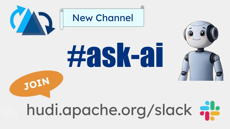 Apache Hudi (@apachehudi) on Twitter photo 𝐀𝐧𝐧𝐨𝐮𝐧𝐜𝐢𝐧𝐠 𝐀𝐈-𝐏𝐨𝐰𝐞𝐫𝐞𝐝 𝐒𝐮𝐩𝐩𝐨𝐫𝐭 𝐢𝐧 𝐭𝐡𝐞 𝐀𝐩𝐚𝐜𝐡𝐞 𝐇𝐮𝐝𝐢 𝐒𝐥𝐚𝐜𝐤! 🚀
Got questions about <a href="/apachehudi/">Apache Hudi</a> ? Get answers, instantly.
We're thrilled to launch our new Slack channel, 𝗮𝘀𝗸-𝗮𝗶, in the official Apache Hudi workspace! This channel is 𝐀𝐧𝐧𝐨𝐮𝐧𝐜𝐢𝐧𝐠 𝐀𝐈-𝐏𝐨𝐰𝐞𝐫𝐞𝐝 𝐒𝐮𝐩𝐩𝐨𝐫𝐭 𝐢𝐧 𝐭𝐡𝐞 𝐀𝐩𝐚𝐜𝐡𝐞 𝐇𝐮𝐝𝐢 𝐒𝐥𝐚𝐜𝐤! 🚀
Got questions about <a href="/apachehudi/">Apache Hudi</a> ? Get answers, instantly.
We're thrilled to launch our new Slack channel, 𝗮𝘀𝗸-𝗮𝗶, in the official Apache Hudi workspace! This channel is