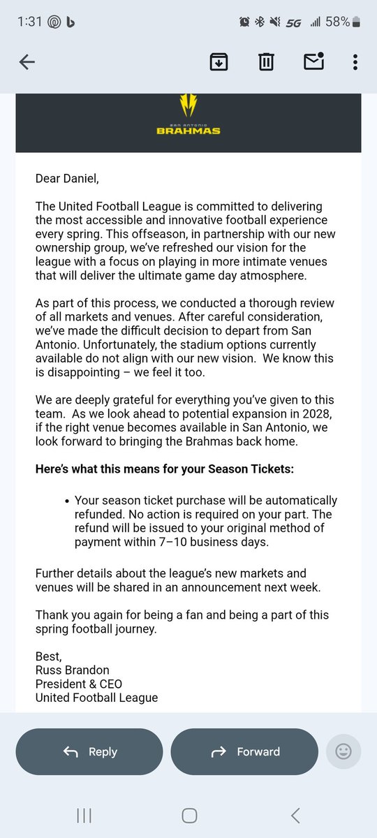 BrahmasDan's tweet photo. Well. It was fun while it lasted. Thanks for killing one of your best fan bases @RepoleStable. Can't even begin to say how dissapointing this is. I'm out on the UFL. You all enjoy while it lasts. https://t.co/FuekEc2A0u