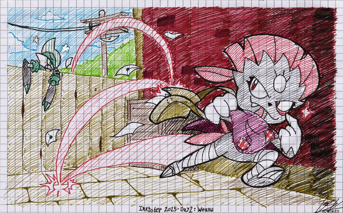 NintenMessenger's tweet image. Inktober 2025 - Day 2: Weave.
"GET BACK HERE!" Galahad wailed as he chased after the thief who effortlessly weaved through the streets, vanishing down a blocked alleyway.
#Inktober #InktoberWeave #Weave #Inktober2025 #Gallade #Weavile #Pokemon #OC #InktoberDay2 #TraditionalArt