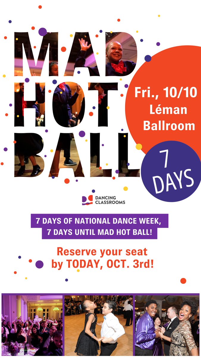 💃🏾 It’s #NationalDanceWeek🕺🏿
We’re celebrating on &amp; off the dance floor w/ Mad Hot Ball Week!
Dance builds confidence, creativity &amp; community. Help us bring dance to 14,000+ students✨
🎟️ Grab your tickets: madhotball.com

#MadHotBall2025 #PowerOfDance #DancingClassrooms