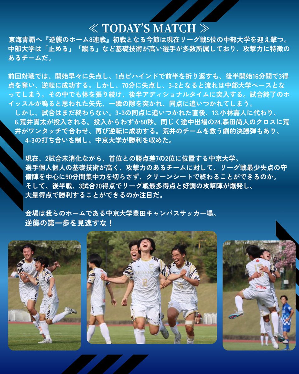 chukyo_soccer's tweet image. ◤𝑴𝑨𝑻𝑪𝑯 𝑫𝑨𝒀 𝑷𝑹𝑶𝑮𝑹𝑨𝑴◢ 

-東海青覇- 『逆襲のホーム8連戦』

初戦となる #中部大学 戦のマッチデープログラム公開💫

そして、今節のピックアッププレイヤーは
チームのムードメーカー #鬼木健太（#サガン鳥栖 U-18 3年）だ💥

熱い応援よろしくお願いします🙇‍♂️

#中京大学 #青覇