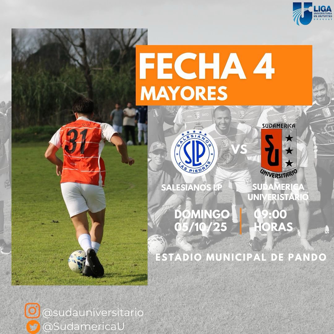 ¡JUEGA EL SUDA! 
El domingo 05/10 juega la mayor de visita vs <a href="/SalesianosLP1/">Salesianos L.P.</a> hora 09:00 en Estadio Municipal de Pando. 
¡Vamo el Suda! 
🟠⚪️