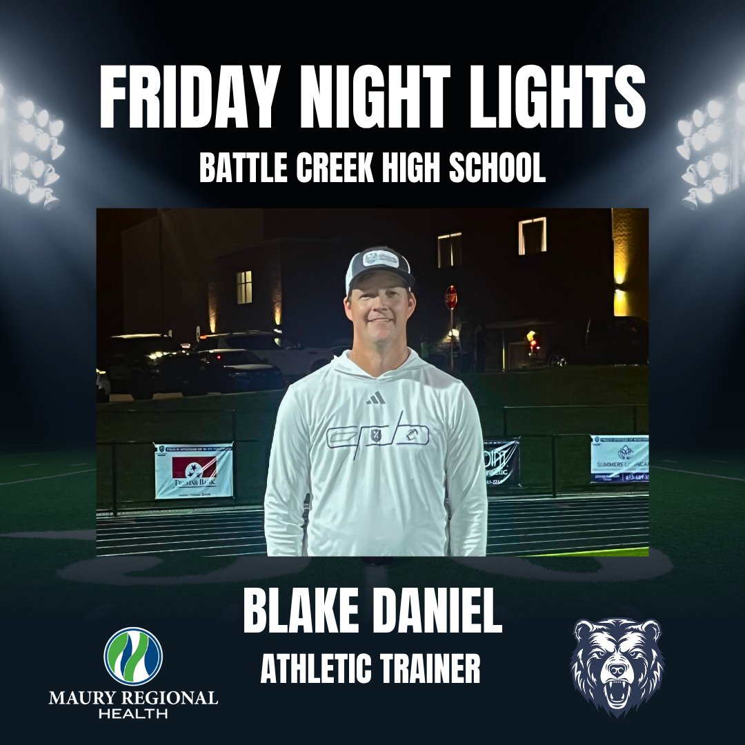 🌟Friday Night Lights Spotlight🌟 This week we recognize Blake Daniel, athletic trainer for Battle Creek High School. As Battle Creek takes on Montgomery Central tonight, Blake is on the sidelines ensuring student-athletes stay healthy, safe and ready to play. Thank you, Blake!