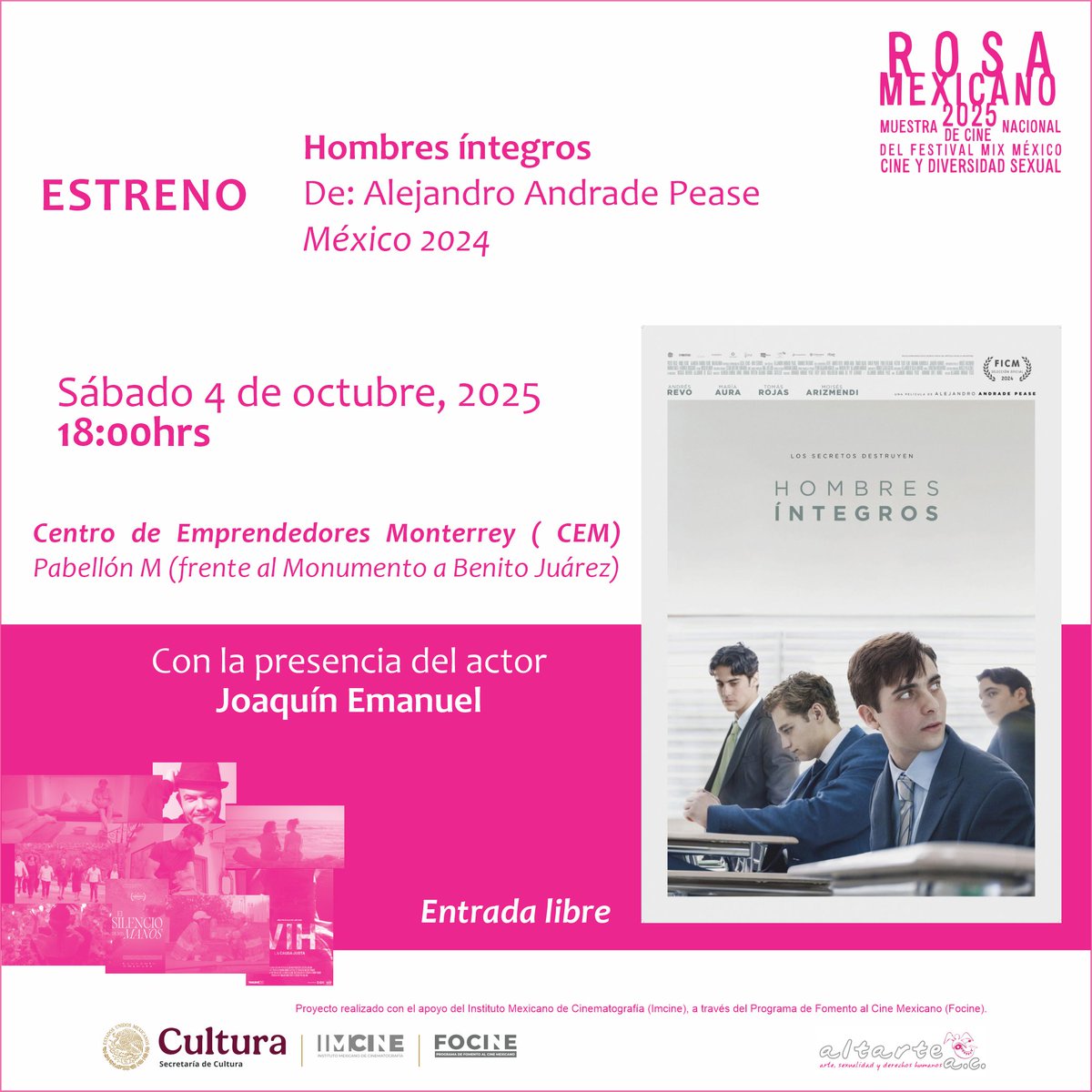 Para la banda de Monterrey, este 4 de octubre; función especial de "Hombres integros" de Alejandro Andrade Pease, con la presencia del actor Joaquín Emanuel.
Centro de emprendedores Monterrey (Frente al monumento a Juárez)
18H
Entrada libre.
Corran la voz.