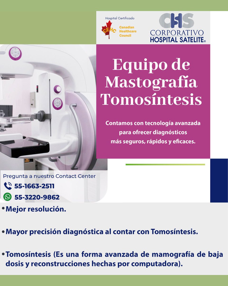Hosp_Satelite's tweet photo. Contamos con la tecnología más avanzada en equipamiento 

¡Agenda una cita hoy mismo! 

📞 Tel. 55 5089 1410
📲 WhatsApp. 55 4032 0834

#CHS #Mastrografía #Elastrogragía #Tomosintesis #CáncerdeMama #Mujer #Salud https://t.co/mkiMqbBiFu