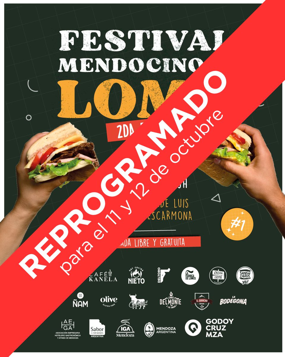 ‼️ ¡Atención! Se reprograma el Festival Mendocino del Lomo debido a la alerta, meteorológica por viento zonda. 

El evento se realizará los días 11 y 12 de octubre en el Espacio Verde Menotti Pescarmona.