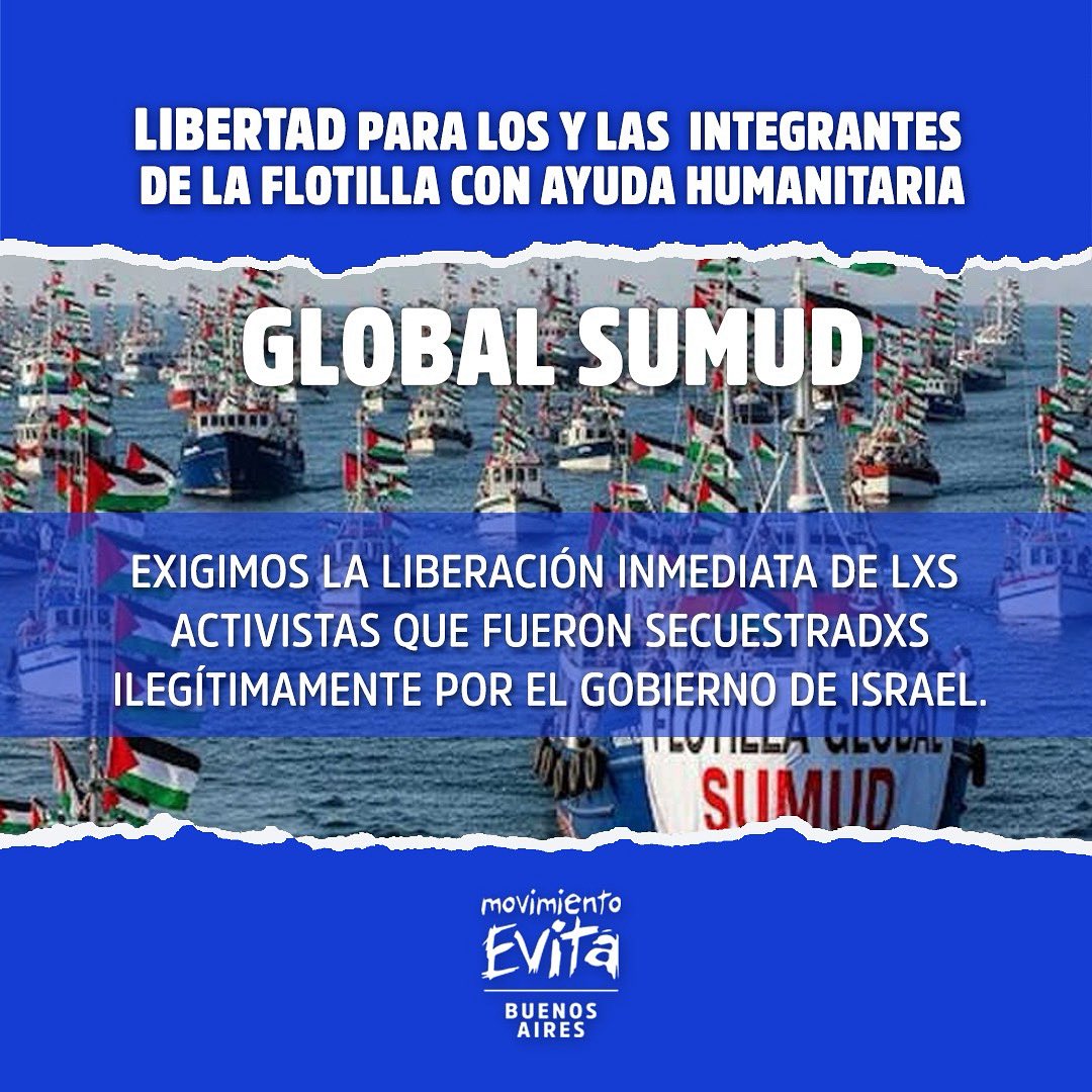 🚨 Exigimos la liberación inmediata de los compañeros detenidos en la Flotilla Global Sumud🚨 

Nuestros compañeros fueron arrestados por alzar la voz contra el genocidio en Palestina y por llevar un mensaje de solidaridad y resistencia.