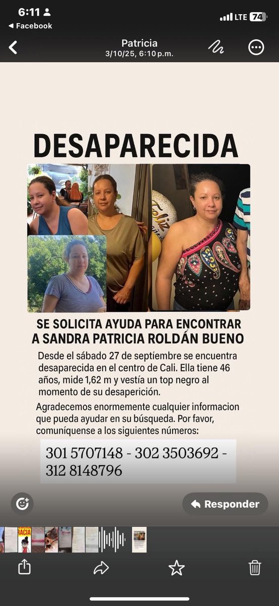 Hola, por favor ayúdenme a difundir esto. Sandra es familiar de una conocida en Cali y me cuentan que no tienen información de ella.