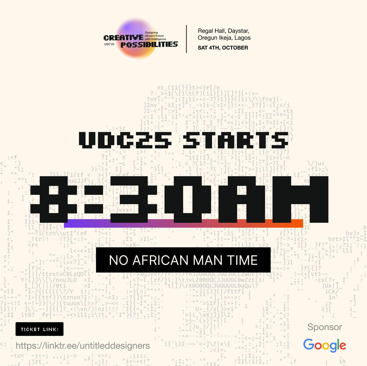 We are Africans but no African time!

UDC25 starts by 8:30am

Set your alarms
Get your writing materials 
Open your mind 
Come ready to learn and meet amazing people 

See you all in a few hours from now

#UDC25