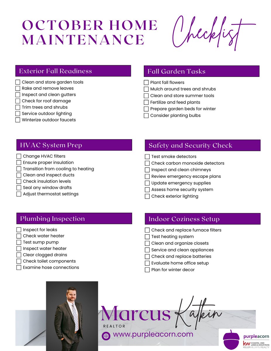 MarcusKatkin's tweet image. 🍂 October Maintenance Checklist is here—prep your home for cozy days and cooler nights! 🛠️ #OctoberChecklist #HomeMaintenance #FallPrep #MarcusKatkin #PurpleAcorn #KWCoastalRealty #RealEstateTips