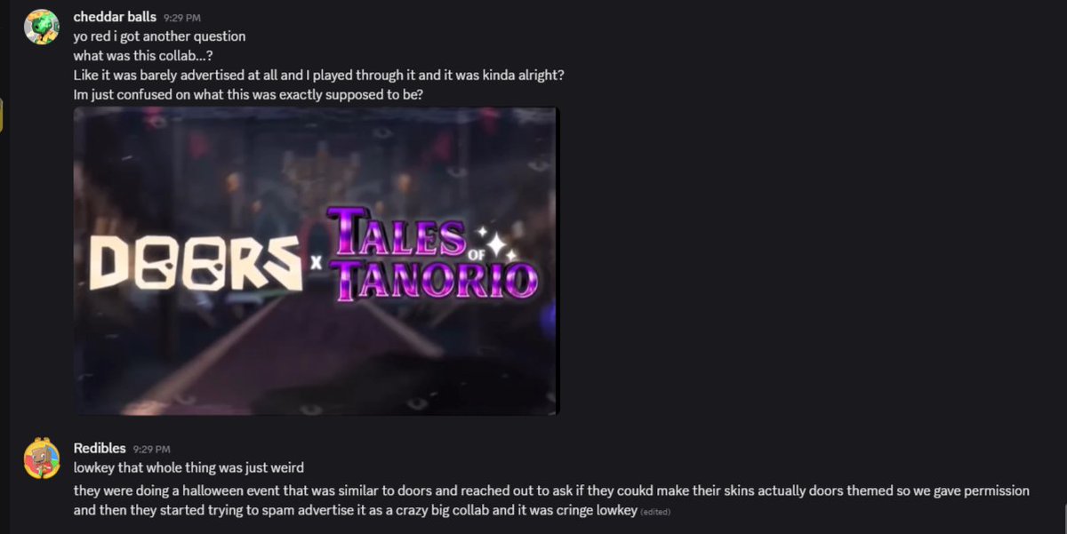 ClumsySUCKS's tweet photo. @n0t1ntrud3r It kind of wasn't a collab recently redibles revealed to cheddar that tot devs wanted permission to use doors characters for the Halloween event doors devs said yes but then tot devs started advertising the event like some big collab with doors so it was but wasn't https://t.co/sD5m2zp0eS