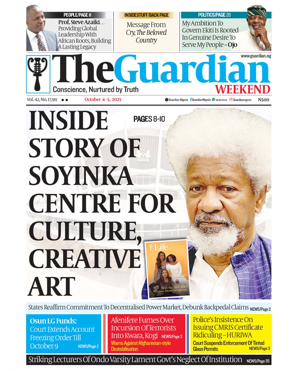 GuardianNigeria's tweet photo. These are the headlines in today’s edition of The Guardian.

Get The Guardian on the newsstands for the latest in world news, sports, and in-depth analysis. ⁣

Visit https://t.co/EiKkmggTy3 for more.

#WoleSoyinka #Afenifere #HURIWA #CentreForCultureCreativeArt #BreakingNews #Nigeria #Nigerians